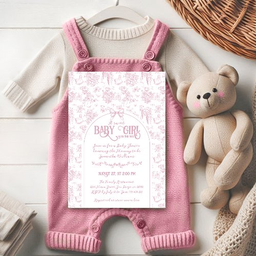 Sweet Girl Pink Bow Whimsical Floral Baby Shower Invitation