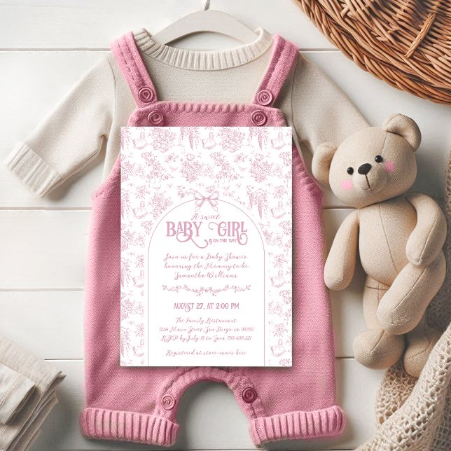 Sweet Girl Pink Bow Whimsical Floral Baby Shower Invitation (Creator Uploaded)