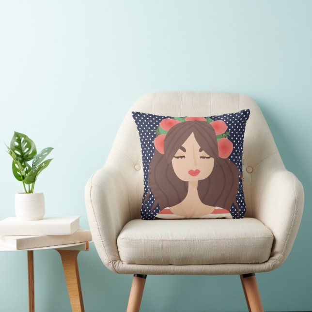 Sweet Girl & Polka Dots Throw Pillow (Chair)