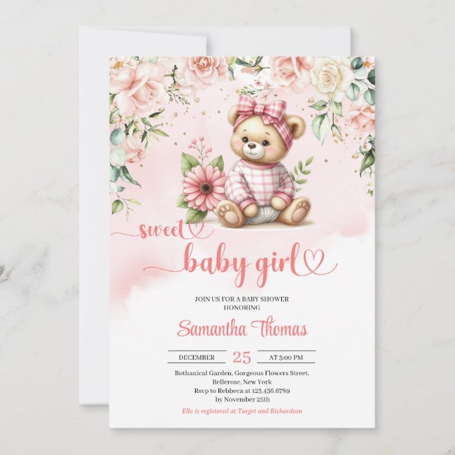 Sweet girl teddy bear with flowers baby shower invitation (Front)