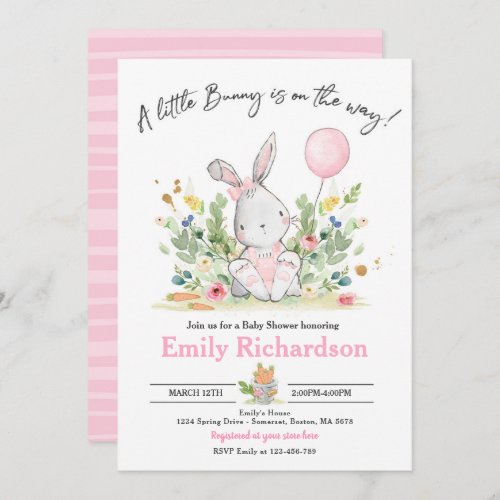 Sweet Girl Watercolor Bunny Baby Shower Pink Invitation