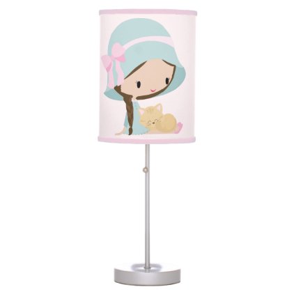 Sweet Girl with kitten nursery lamp with pink