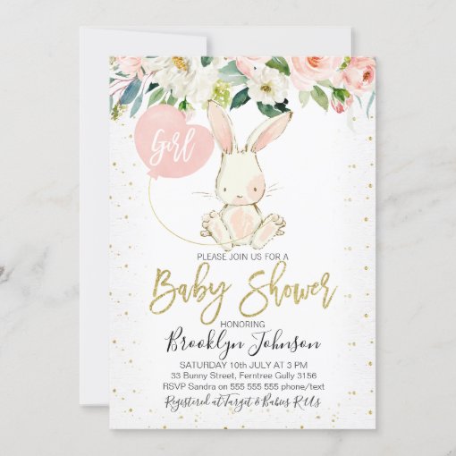 Sweet Girl's Floral Bunny Baby Shower invitation | Zazzle
