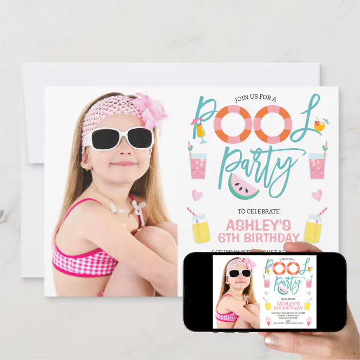 Sweet Girls Photo Summer Pool Party Birthday Invitation (Downloadable)