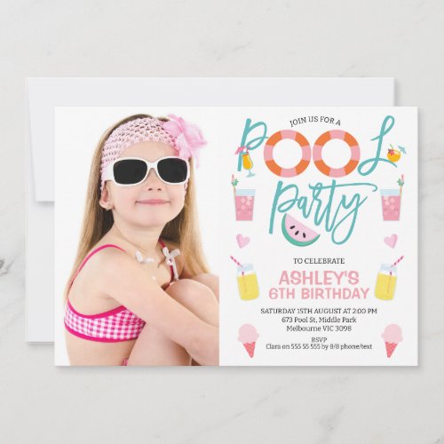 Sweet Girls Photo Summer Pool Party Birthday Invitation