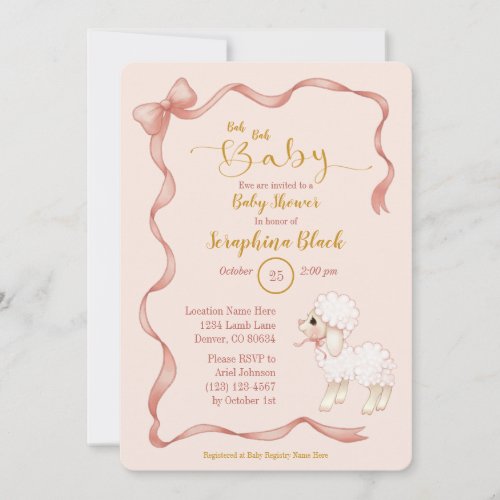 Sweet Girly Pink Bow Lamb Baby Shower Invitation