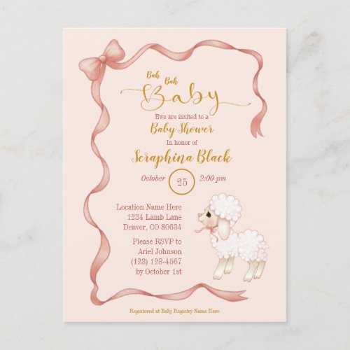 Sweet Girly Pink Bow Lamb Baby Shower Invitation Postcard