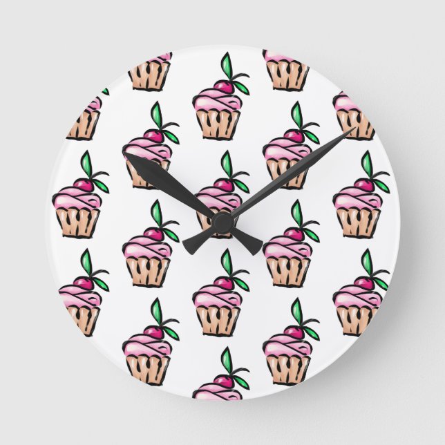Sweet girly pink cupcake cake candy cherry pattern round clock (Front)