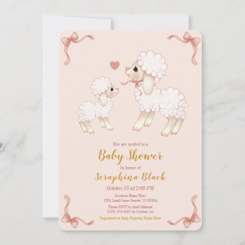 Sweet Girly Pink Lamb Baby Shower Invitation