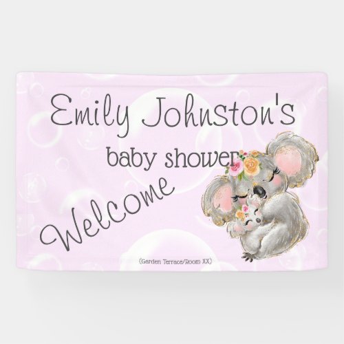 Sweet Girly Watercolor Koala Bear Pink Baby Shower Banner