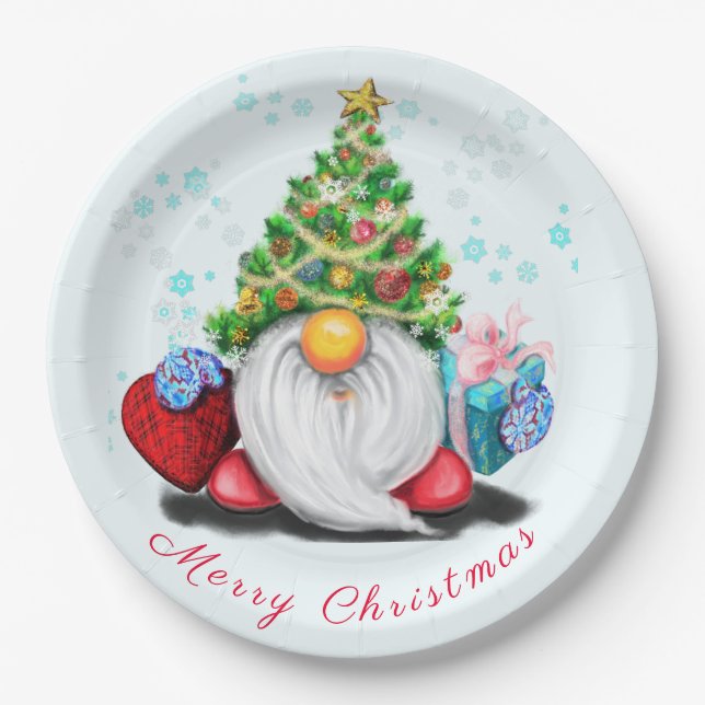Sweet Gnome with Christmas Tree Hat and Gift Paper Plates (Front)