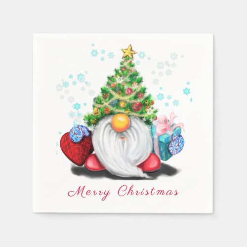 Sweet Gnome with Christmas Tree Hat and Gifts Napkins