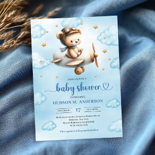 Sweet gold airplane bear theme boy baby shower invitation