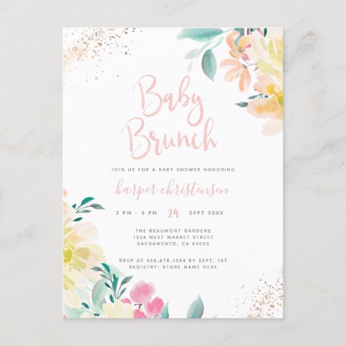 Sweet Gold Blush Pink Floral Baby Shower Brunch Invitation Postcard