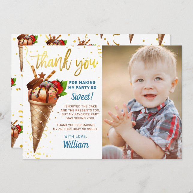 Sweet Gold Chocolate Ice Cream Birthday Photo Thank You Card (Front/Back)