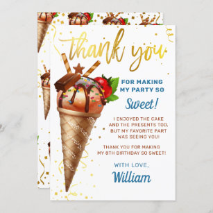 Sweet Gold Chocolate Ice Cream Birthday Thank You Card