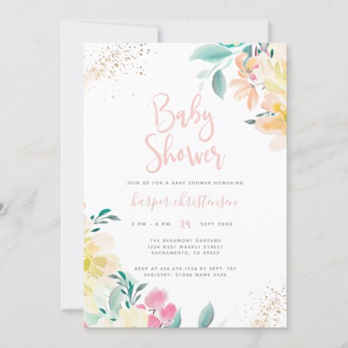 Sweet Gold Glitter Blush Pink Floral Baby Shower Invitation