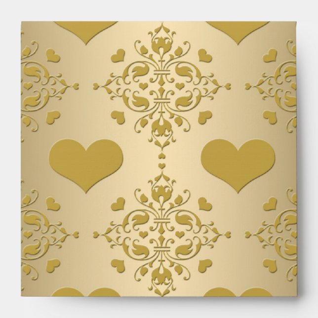 Sweet Gold Hearts Damask Pattern Envelope (Front)