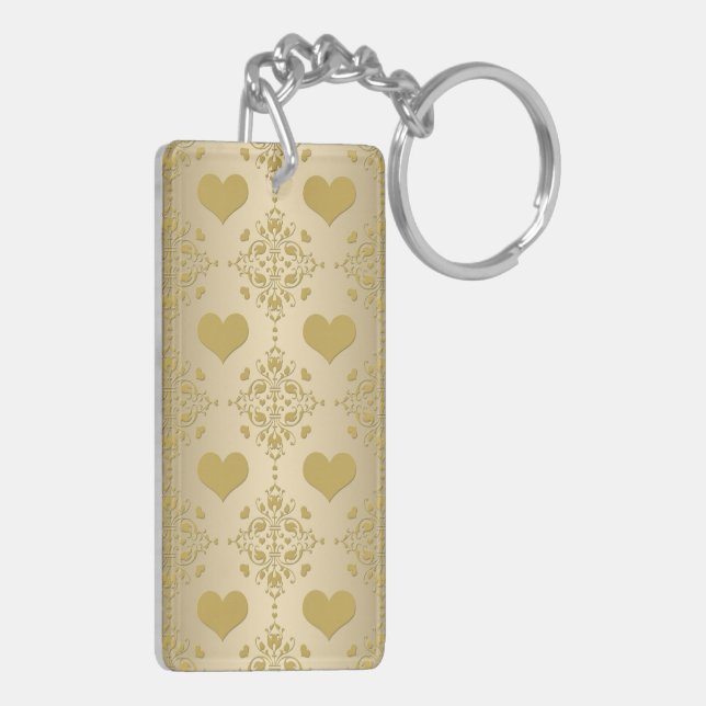 Sweet Gold Hearts Damask Pattern Keychain (Back Left)