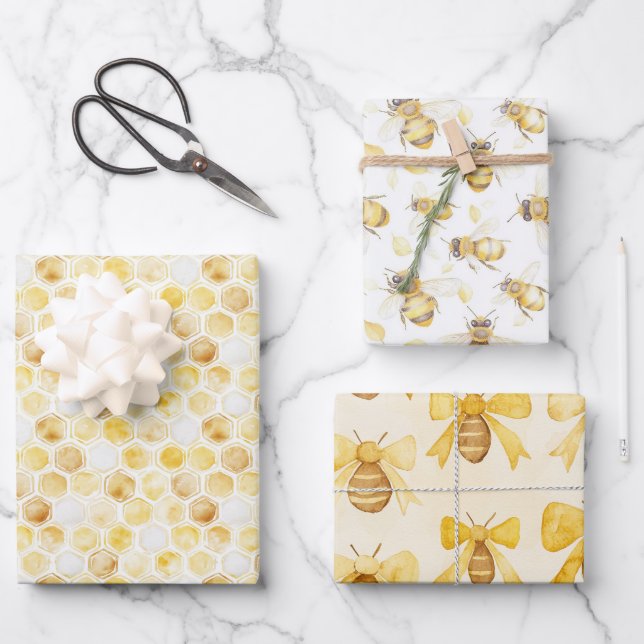 Sweet Gold White Honeycomb Birthday Wrapping Paper Sheets (Front)