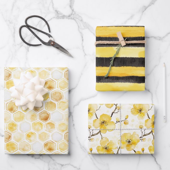 Sweet Gold White Honeycomb Birthday Wrapping Paper Sheets (Front)
