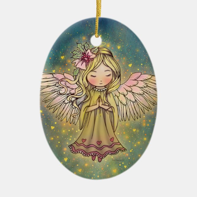 Sweet Golden Angel Whimsical Art by Molly Harrison Ceramic Ornament (Front)