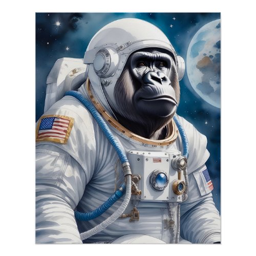 Sweet Gorilla in Astronaut Suit in Outer Space Poster