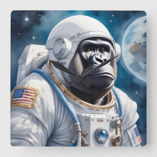 Sweet Gorilla in Astronaut Suit in Outer Space Square Wall Clock