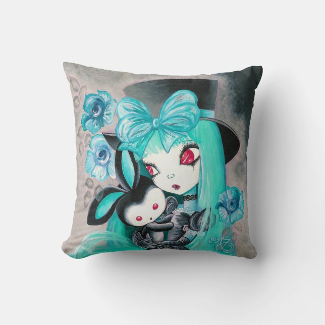 Sweet Gothic Girl With Bunny Throw Pillow (Front)