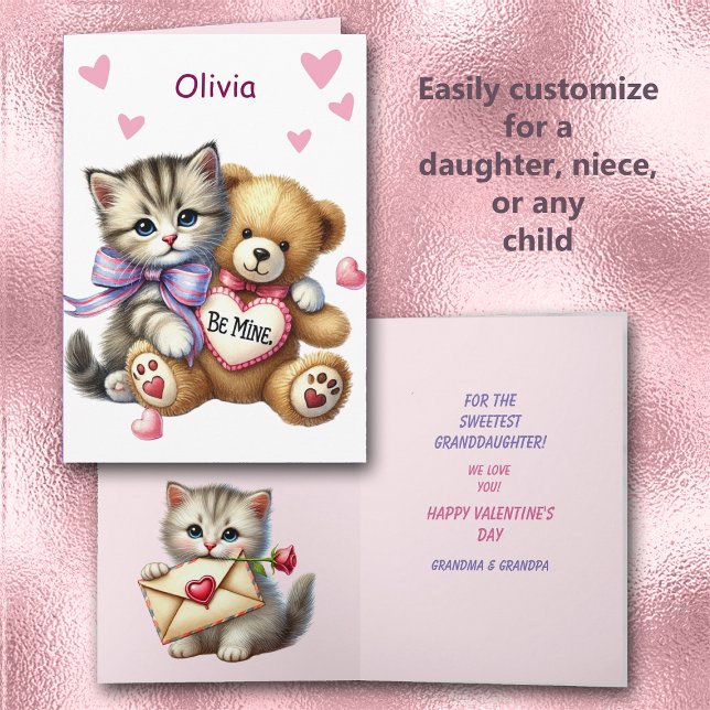 Sweet Granddaughter Kitten Teddy Bear Valentine Holiday Card (Creator Uploaded)