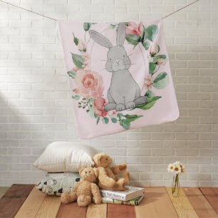 Sweet Gray Bunny Pink Floral Girl's Baby Blanket