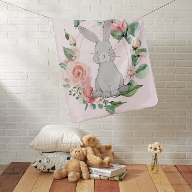 Sweet Gray Bunny Pink Floral Girl's Baby Blanket (In Situ)