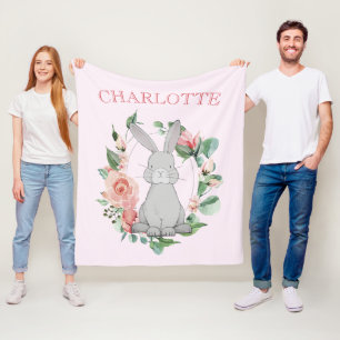 Sweet Gray Bunny Pink Floral Girl's Fleece Blanket