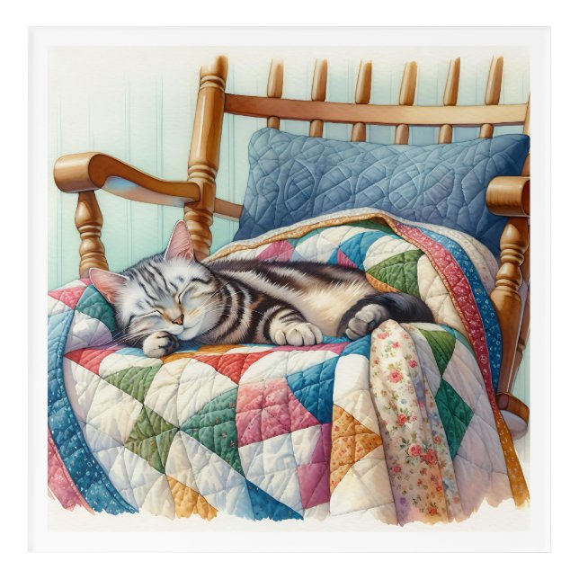 Sweet Gray Cat Sleeping on a Quilt Acrylic Print (Front)