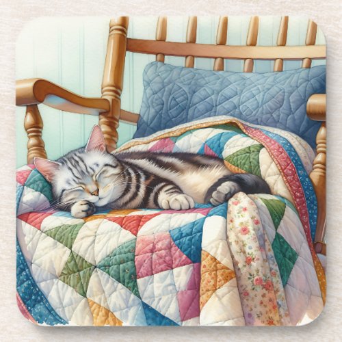 Sweet Gray Cat Sleeping on a Quilt Beverage Coaster