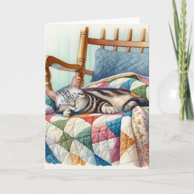 Sweet Gray Cat Sleeping on a Quilt Card (Front)