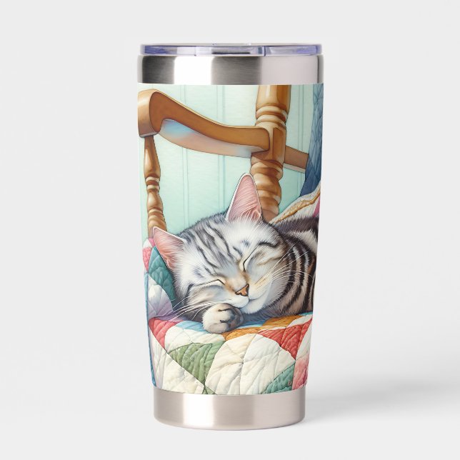 Sweet Gray Cat Sleeping on a Quilt Insulated Tumbler (Front)
