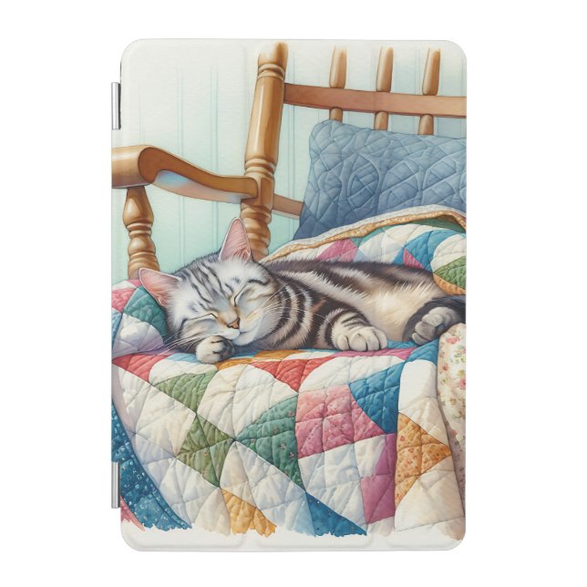 Sweet Gray Cat Sleeping on a Quilt iPad Mini Cover (Front)