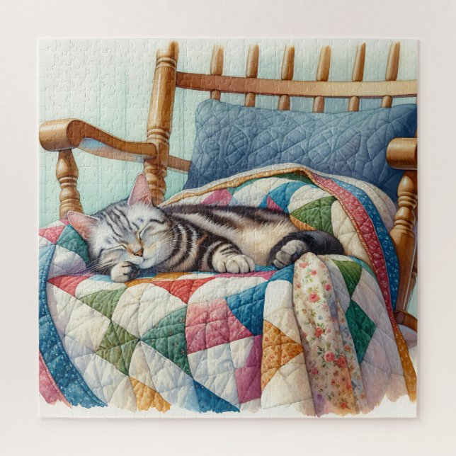 Sweet Gray Cat Sleeping on a Quilt Jigsaw Puzzle (Vertical)