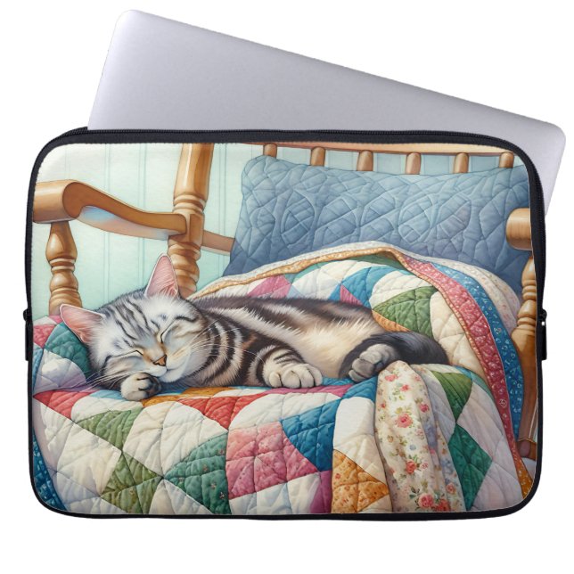 Sweet Gray Cat Sleeping on a Quilt Laptop Sleeve (Front)