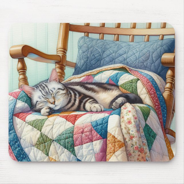 Sweet Gray Cat Sleeping on a Quilt Mouse Pad (Front)