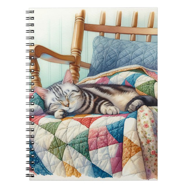 Sweet Gray Cat Sleeping on a Quilt Notebook (Front)