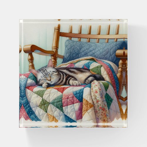 Sweet Gray Cat Sleeping on a Quilt Paperweight