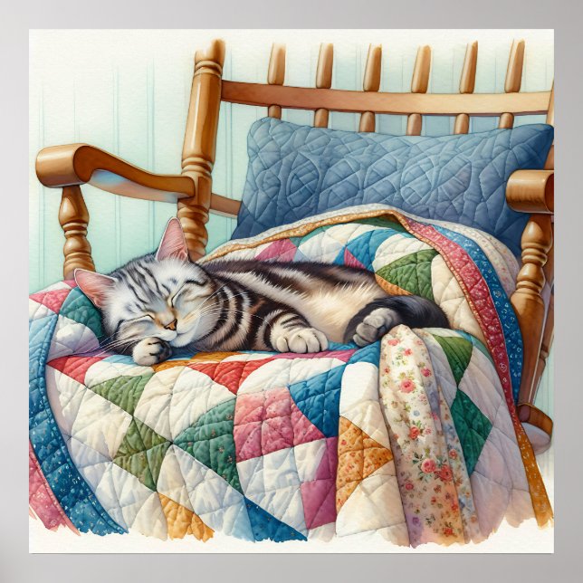 Sweet Gray Cat Sleeping on a Quilt Poster (Front)