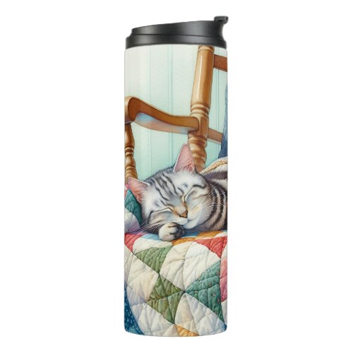 Sweet Gray Cat Sleeping on a Quilt Thermal Tumbler