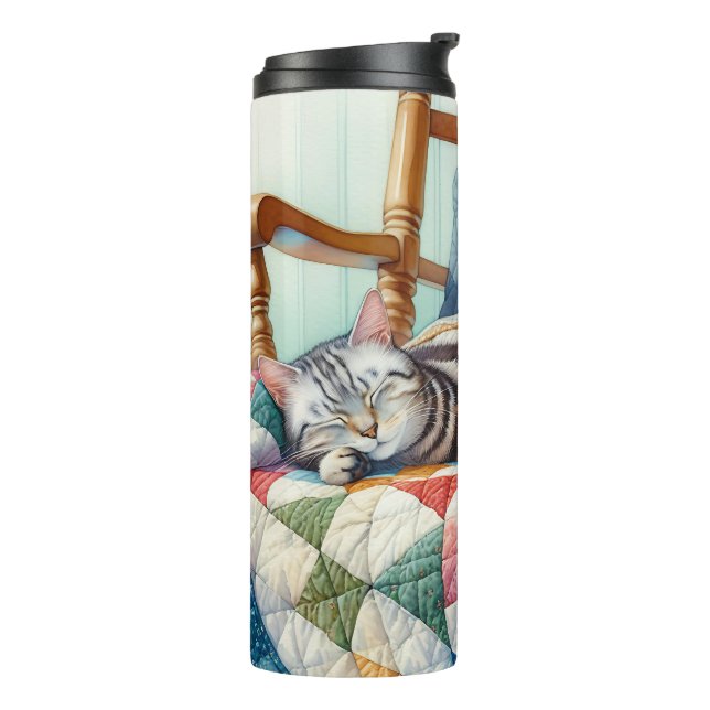Sweet Gray Cat Sleeping on a Quilt Thermal Tumbler (Rotated Left)