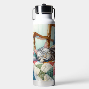 Sweet Gray Cat Sleeping on a Quilt Water Bottle