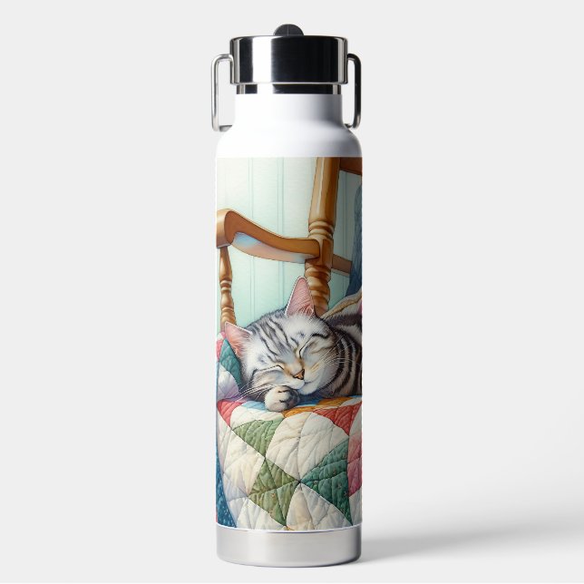 Sweet Gray Cat Sleeping on a Quilt Water Bottle (Front)