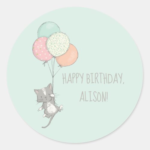 Sweet Gray Cat with Balloons Birthday Party Classic Round Sticker