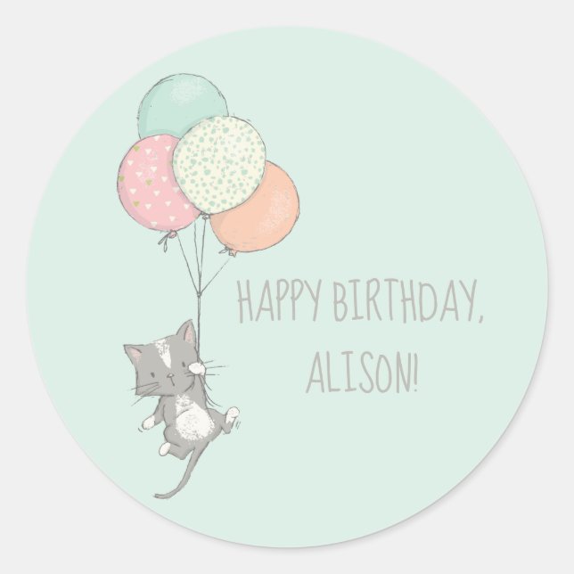 Sweet Gray Cat with Balloons Birthday Party Classic Round Sticker (Front)